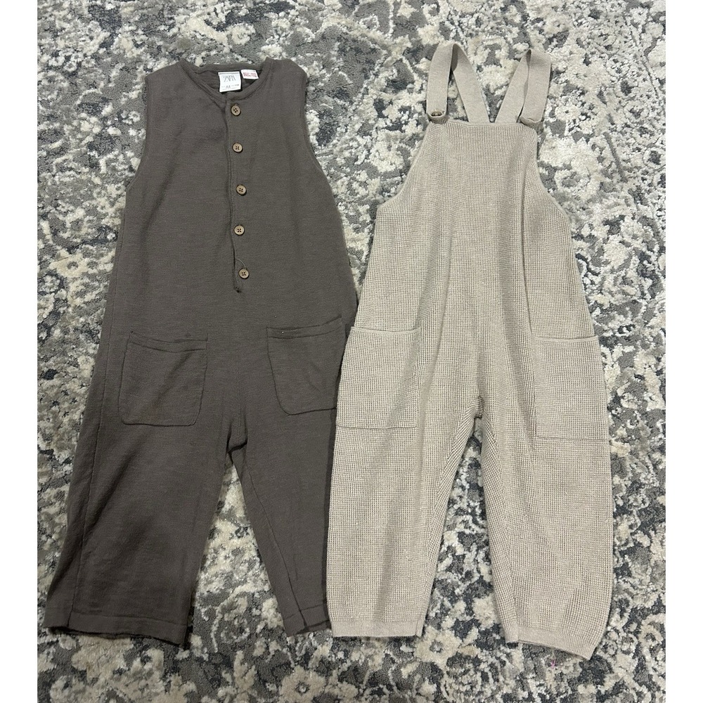 Zara Unisex Kids Size 4/5 Knit Overalls and Jumper Outfit Neutral